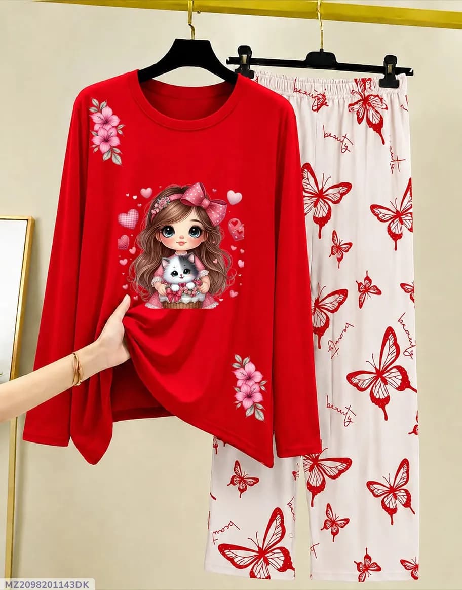 Red Printed Night Suit for Girls Butterfly Pattern