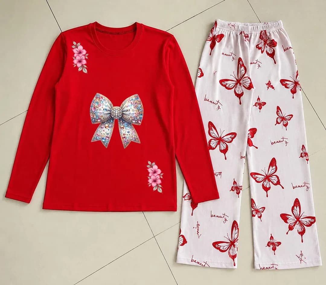 Red Printed Night Suit for Girls Butterfly Pattern