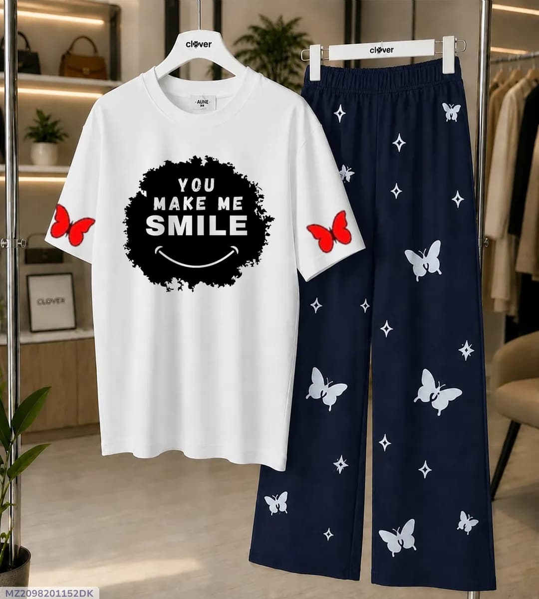 Women Printed Night Suit White Blue Butterfly Jersey 2 Pcs