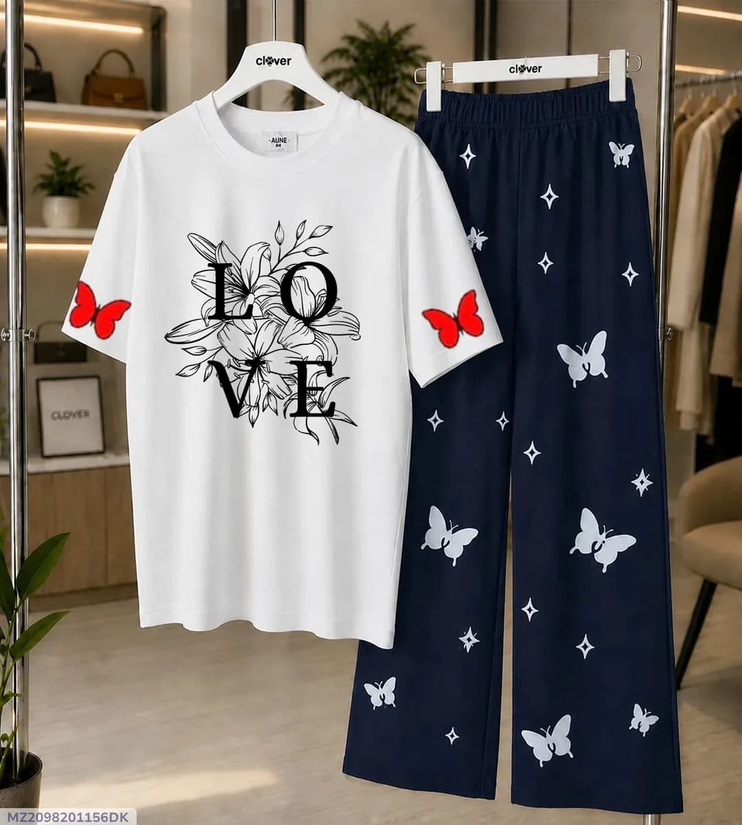 Women Printed Jersey Night Suit White Blue Butterfly Medium to XL