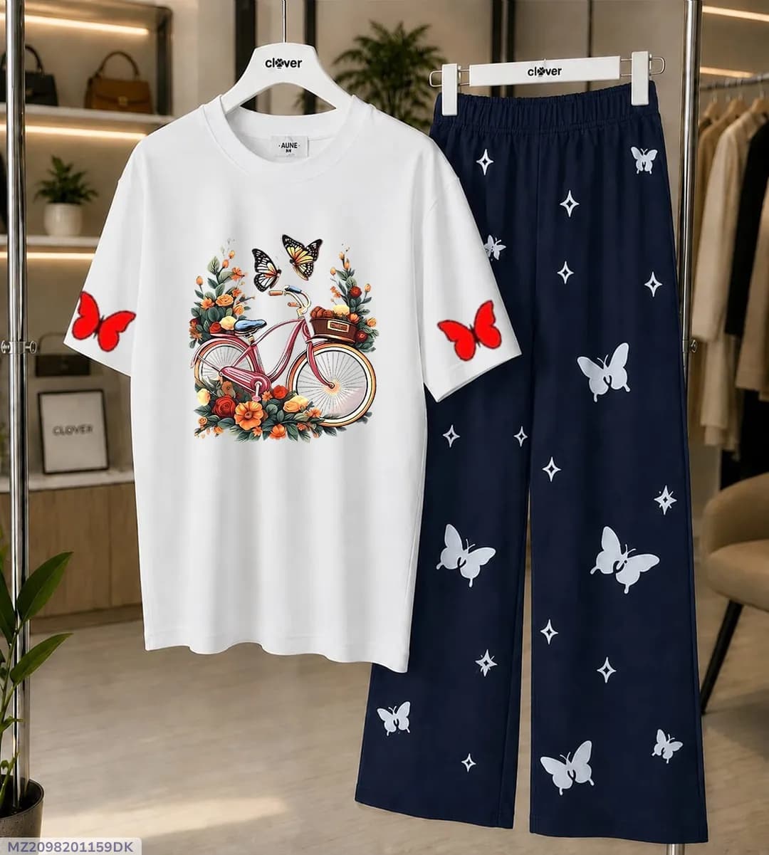Women Printed Jersey Night Suit White Butterfly Medium to XL