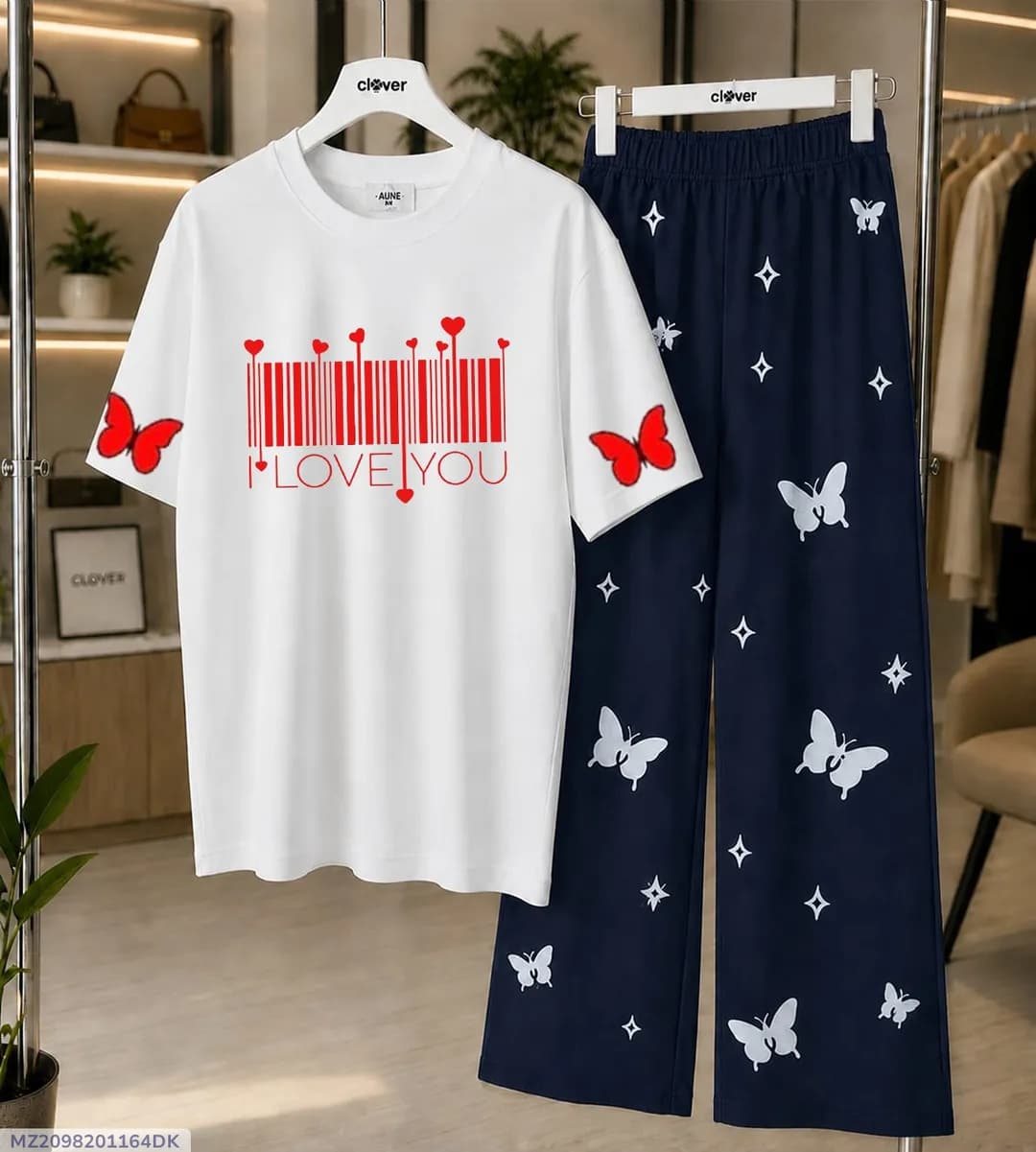 Women Printed Night Suit White Blue Butterfly Jersey 2 Pcs