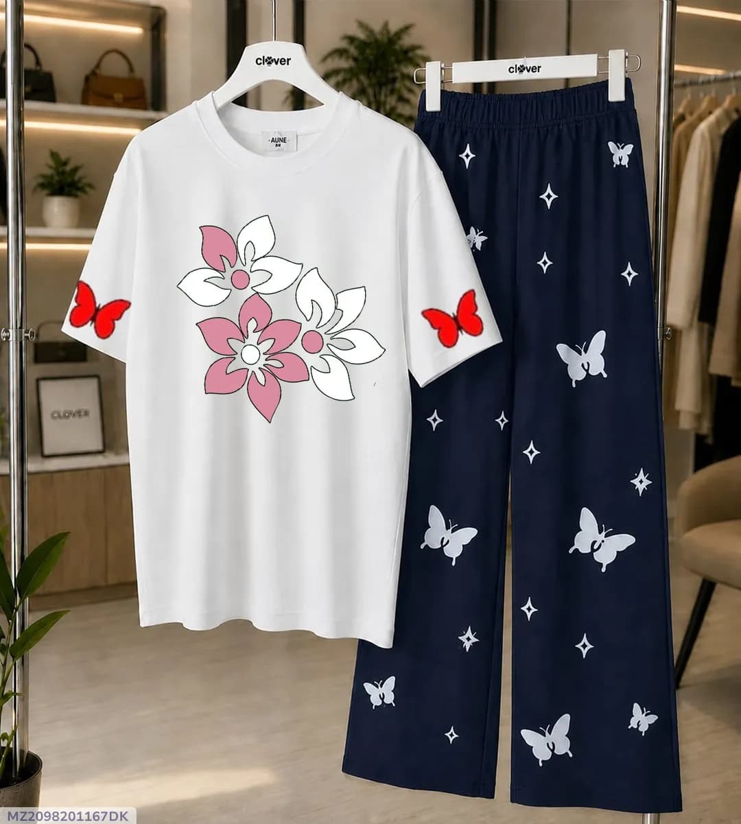 Women Printed Jersey Night Suit White Blue Butterfly Medium to XL