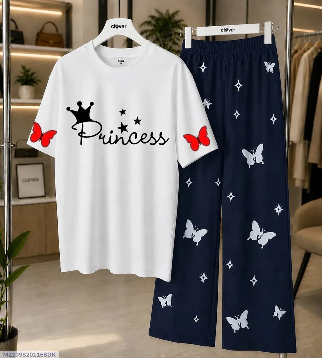 Women Printed Night Suit White Butterfly Princess Design Medium to XL