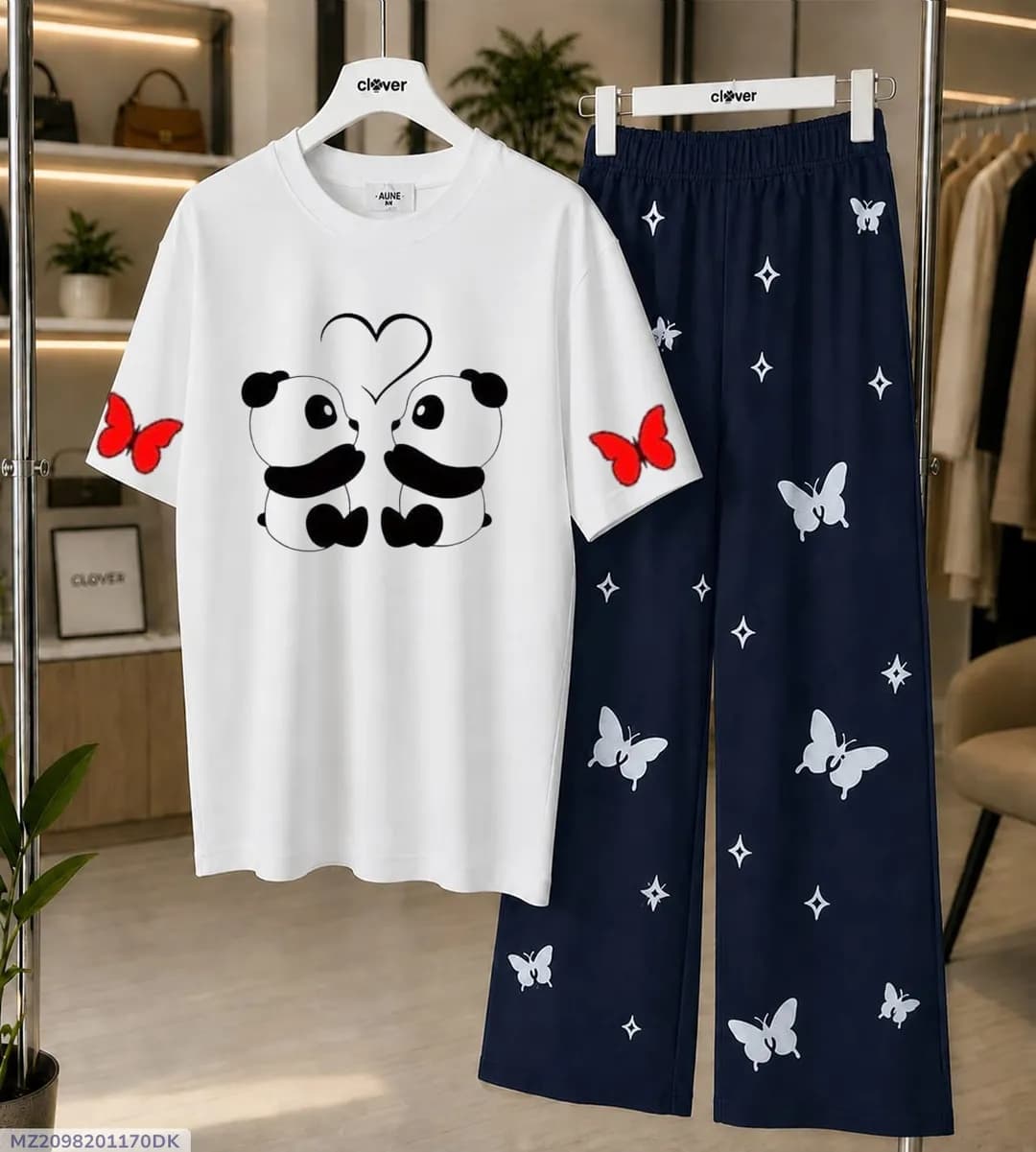Women Printed Jersey Night Suit White Blue Medium to XL