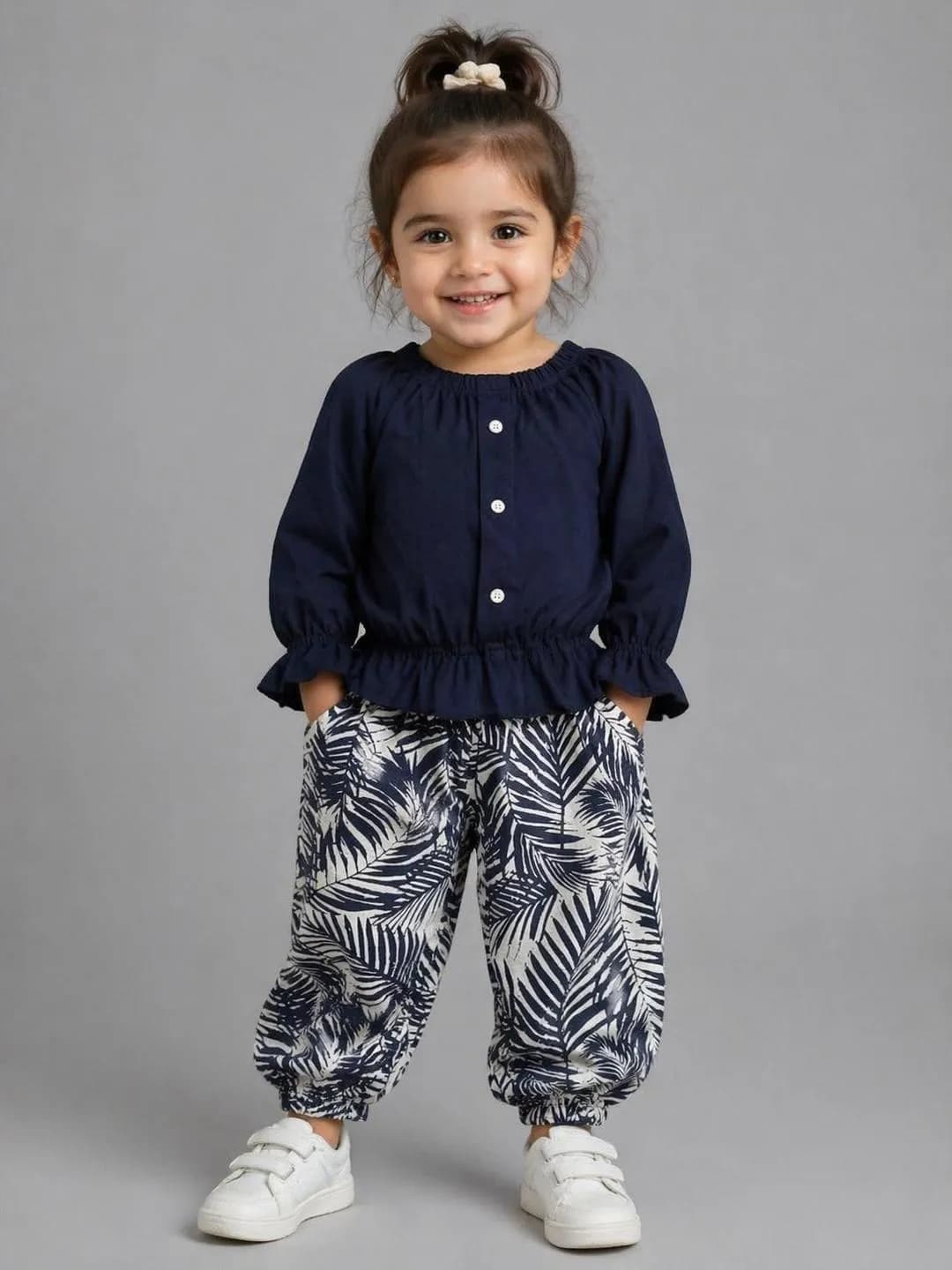 Kids Navy Blue Frilled Top with Palm Print Pants