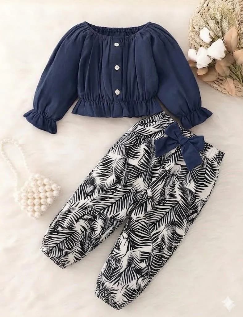 Kids Navy Blue Frilled Top with Palm Print Pants