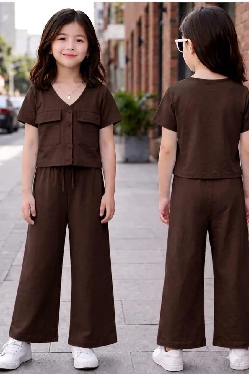 Girls Brown Button Co-Ord Set Wide Leg Pants