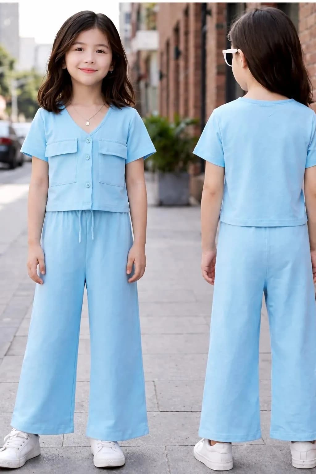 Girls Light Blue Button Co-Ord Set for Girls