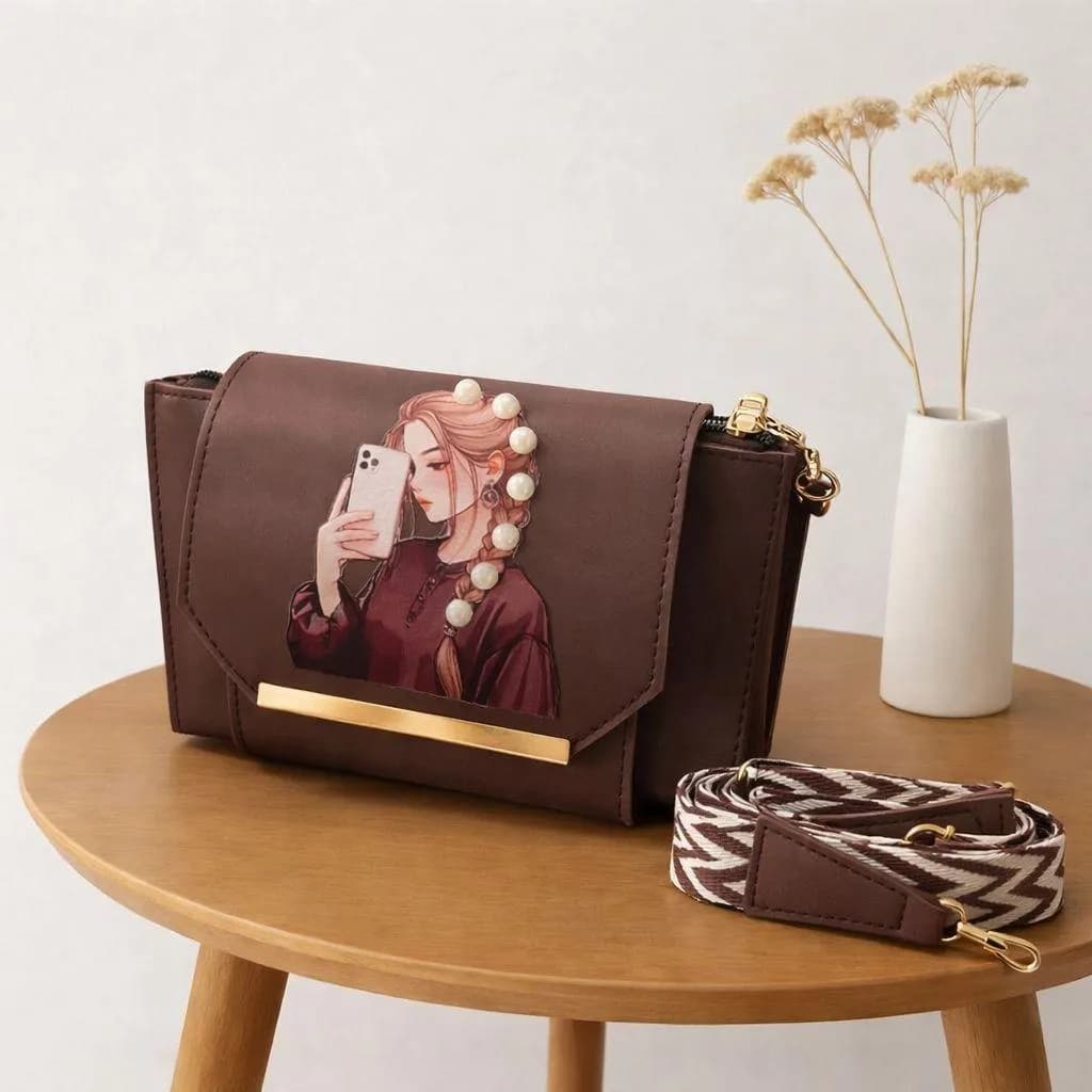 Brown Printed Leather Women's Handbag with Adjustable Strap