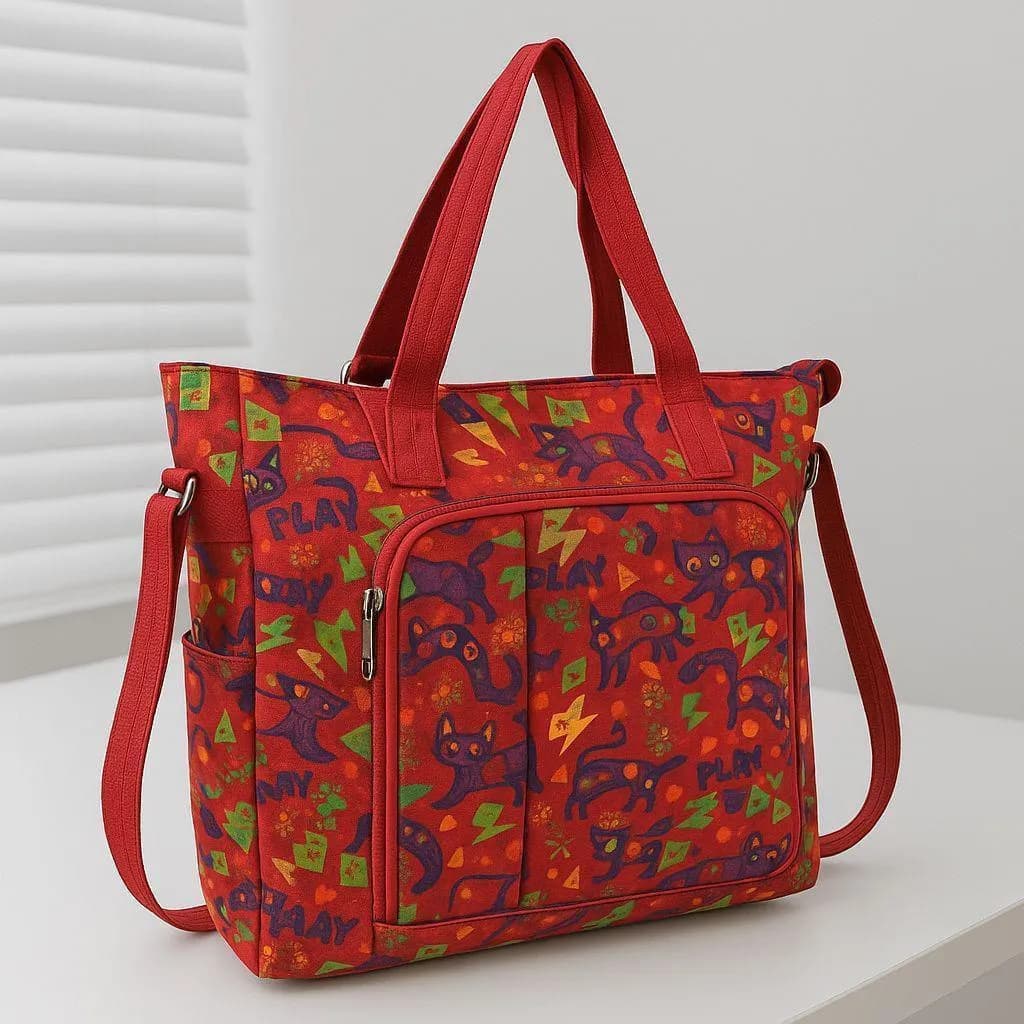 Red Printed Tote Bag for College & Travel Use