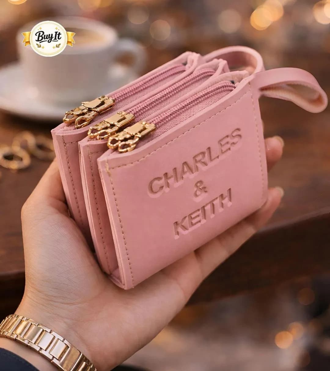 Charles & Keith Pink Leather Wallet 3 Pockets 4x5 Inch