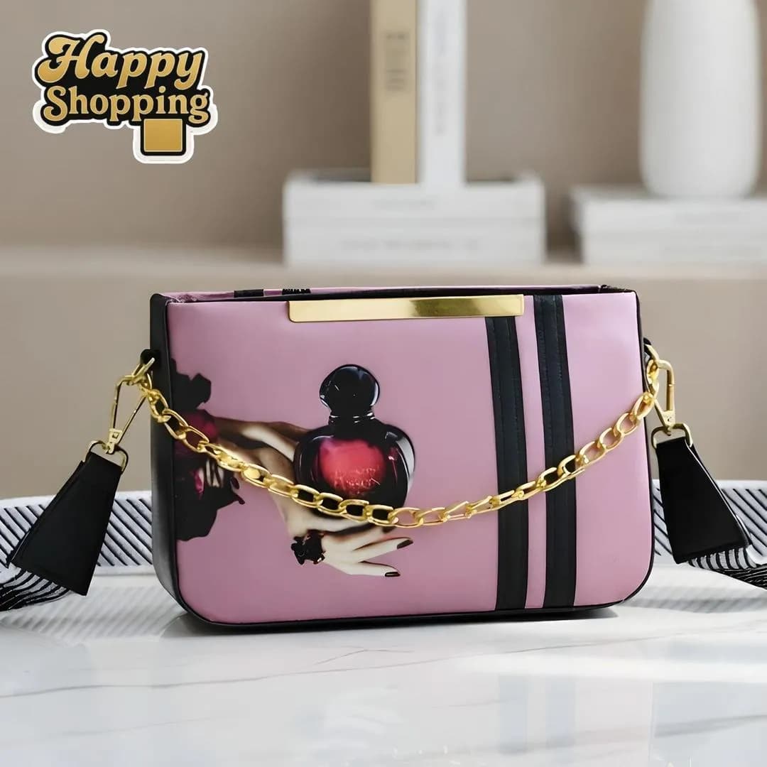 Pink Canvas Crossbody Bag with Perfume Bottle Print & Gold Chain