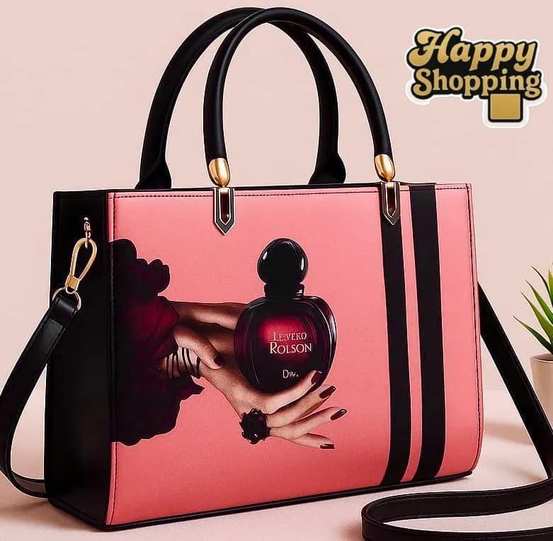 Perfume Bottle Print Shoulder Bag Pink Black Gold