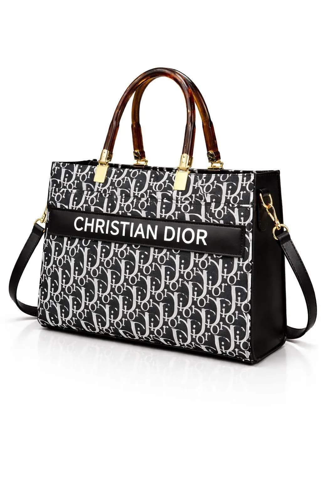 Christian Dior Shoulder Bag Black White Pattern with Gold Hardware