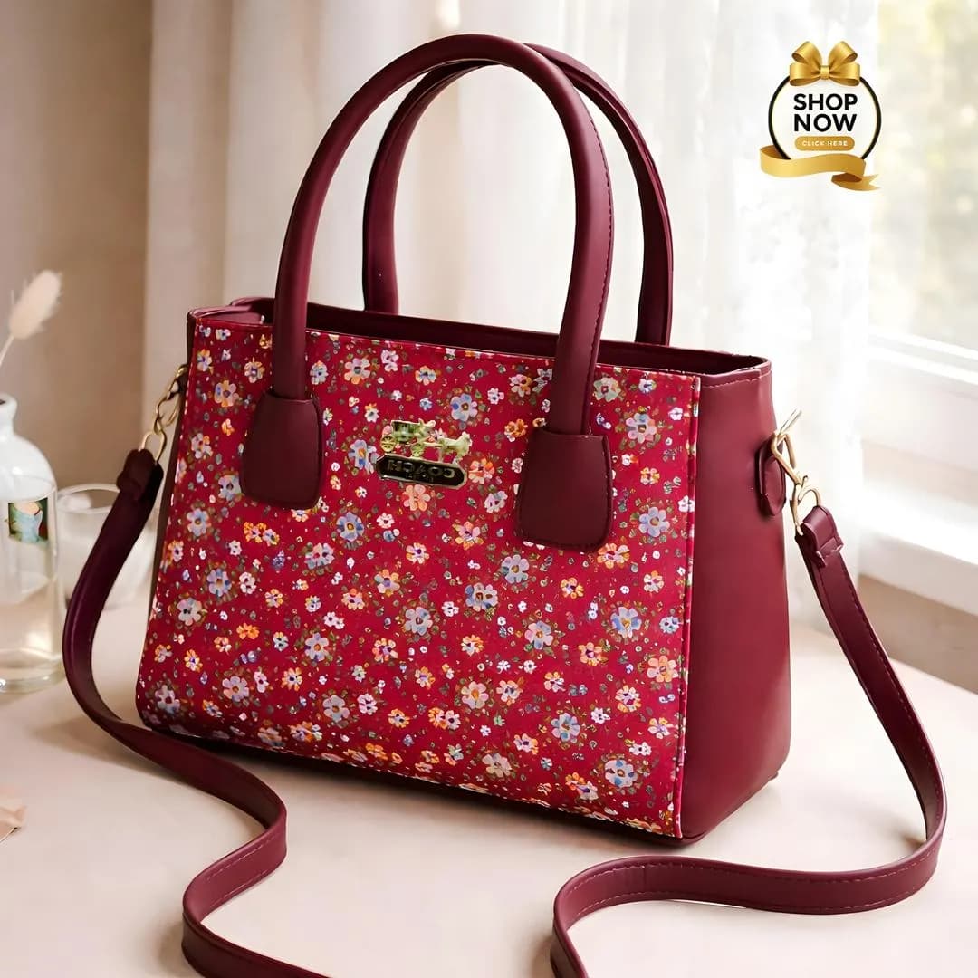 Red Floral Rexine Shoulder Bag with Long Handle