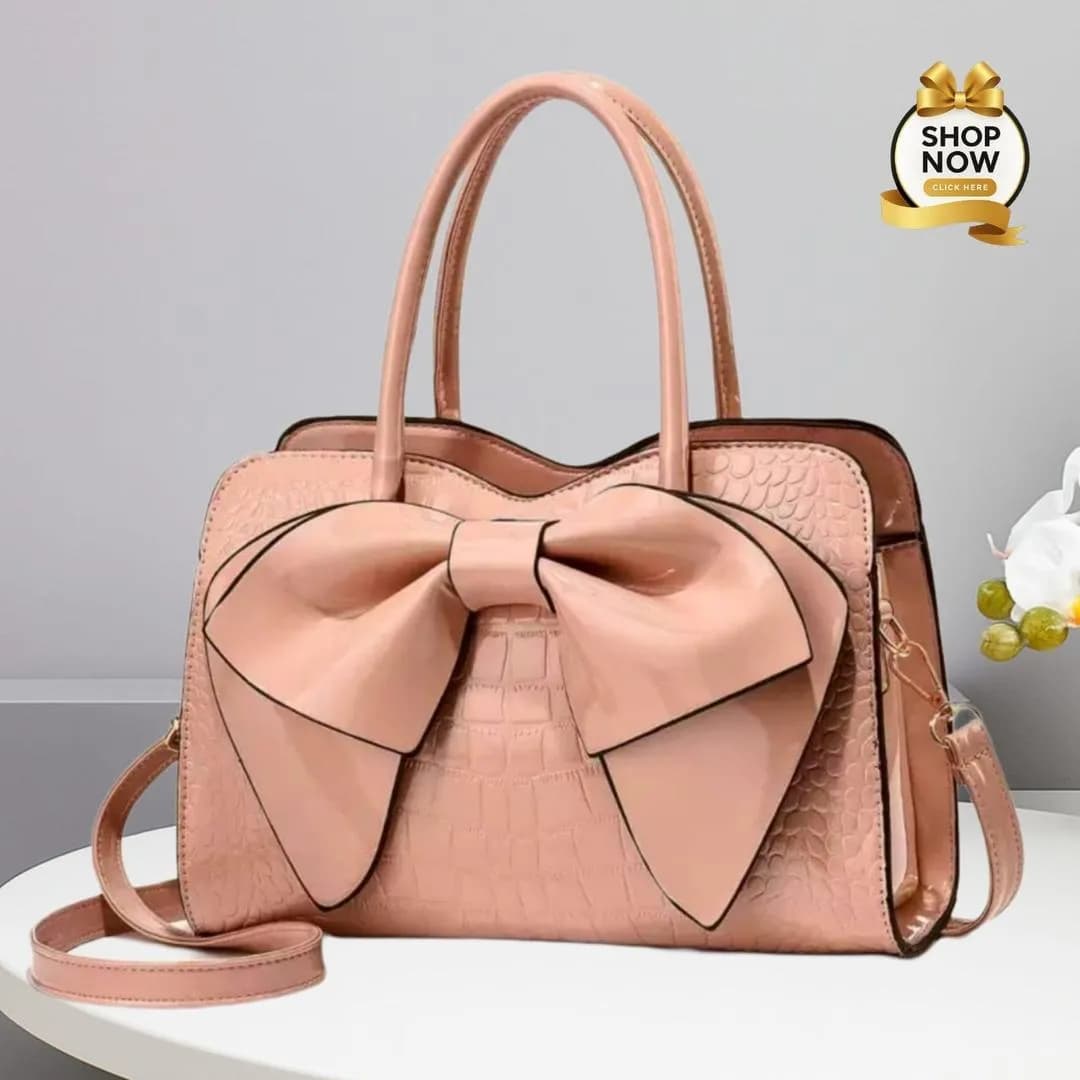 Pink Croc Leather Bow Handbag with Inner Pocket