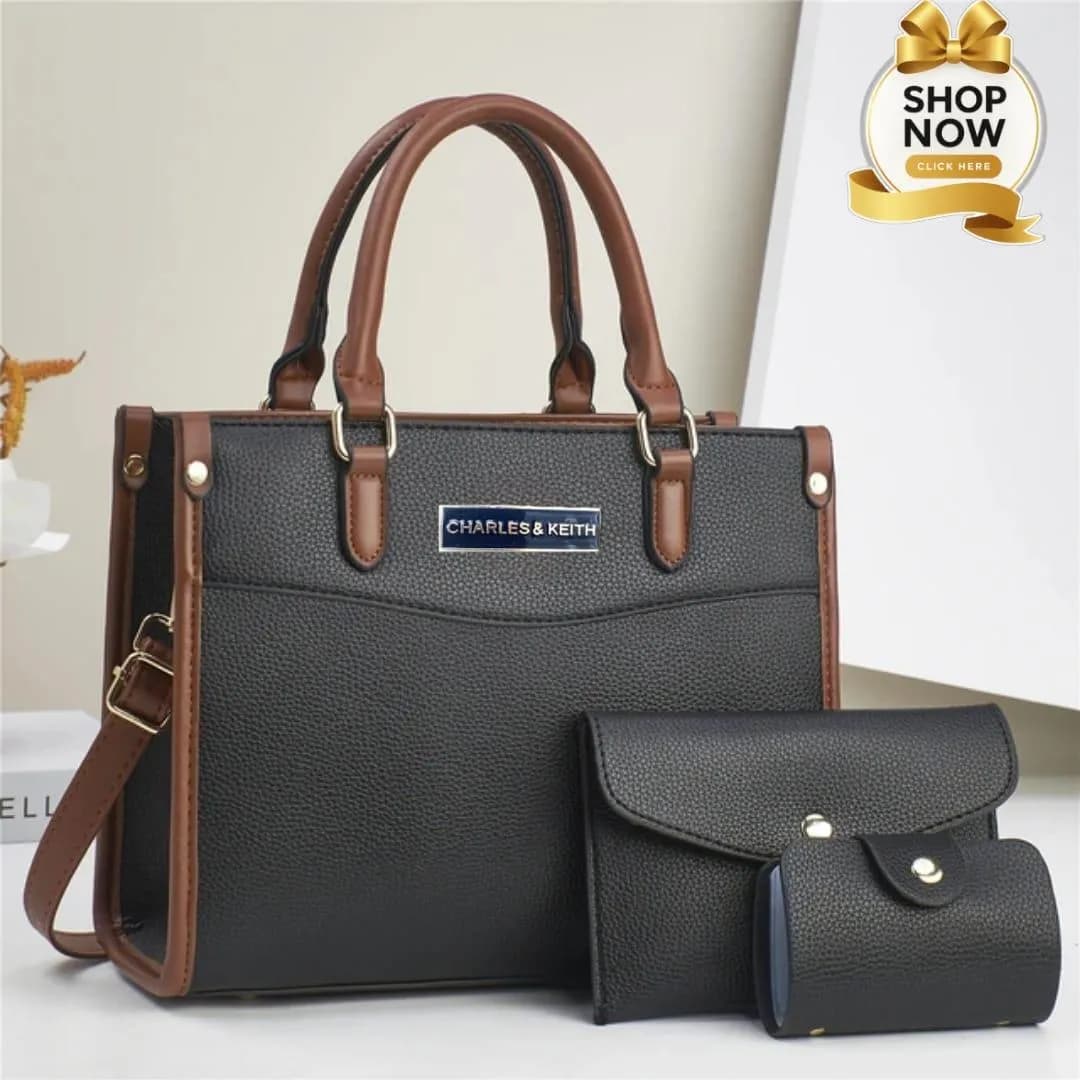 Premium Quality Black Handbag Set with Center Zip & Long Belt