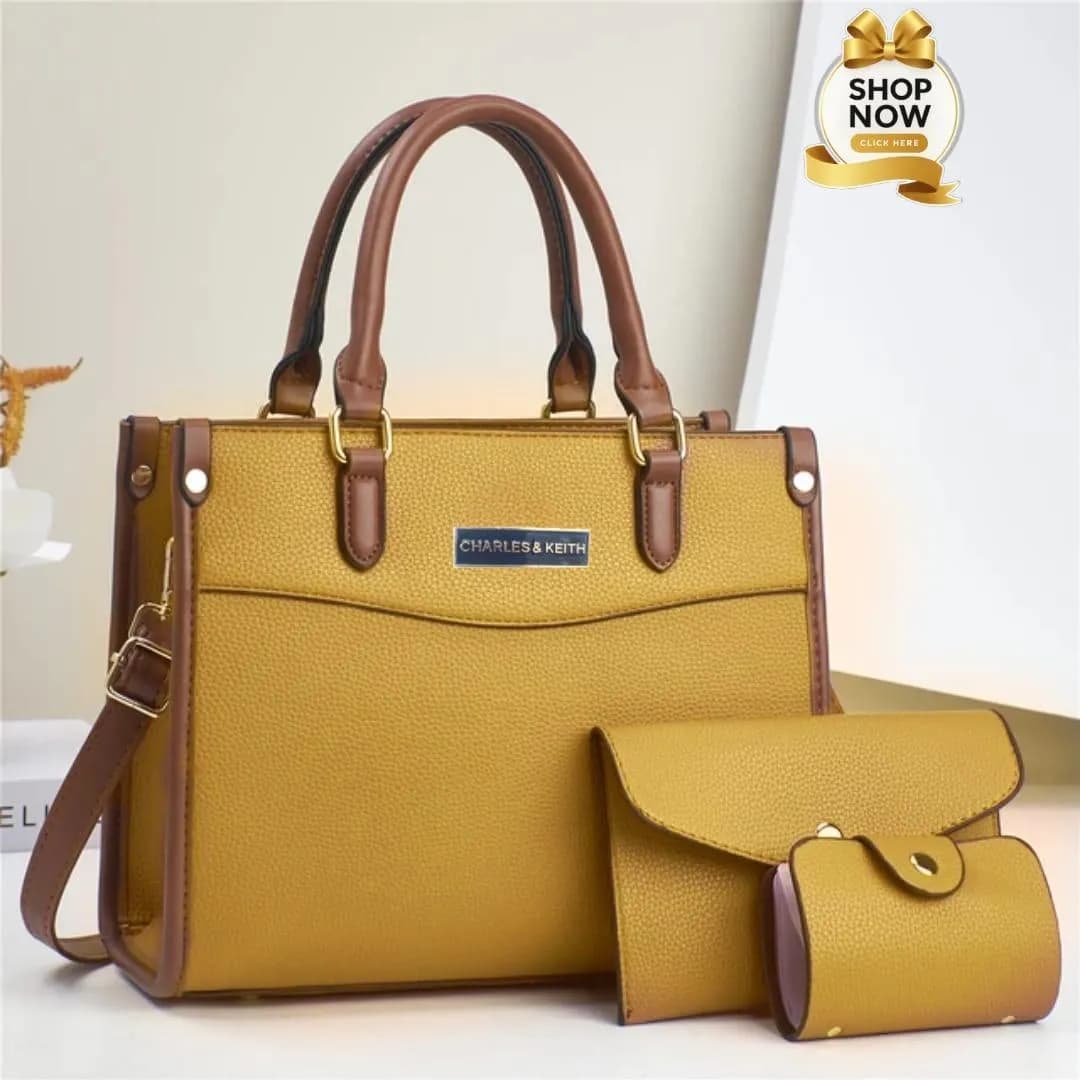 Premium Quality Black Handbag Set with Center Zip & Long Belt
