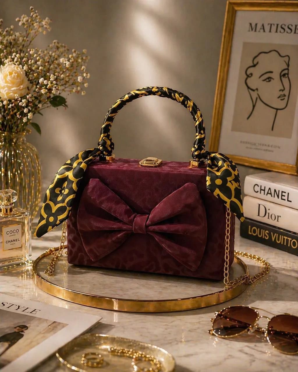 Maroon Bow Handbag with Gold Handle