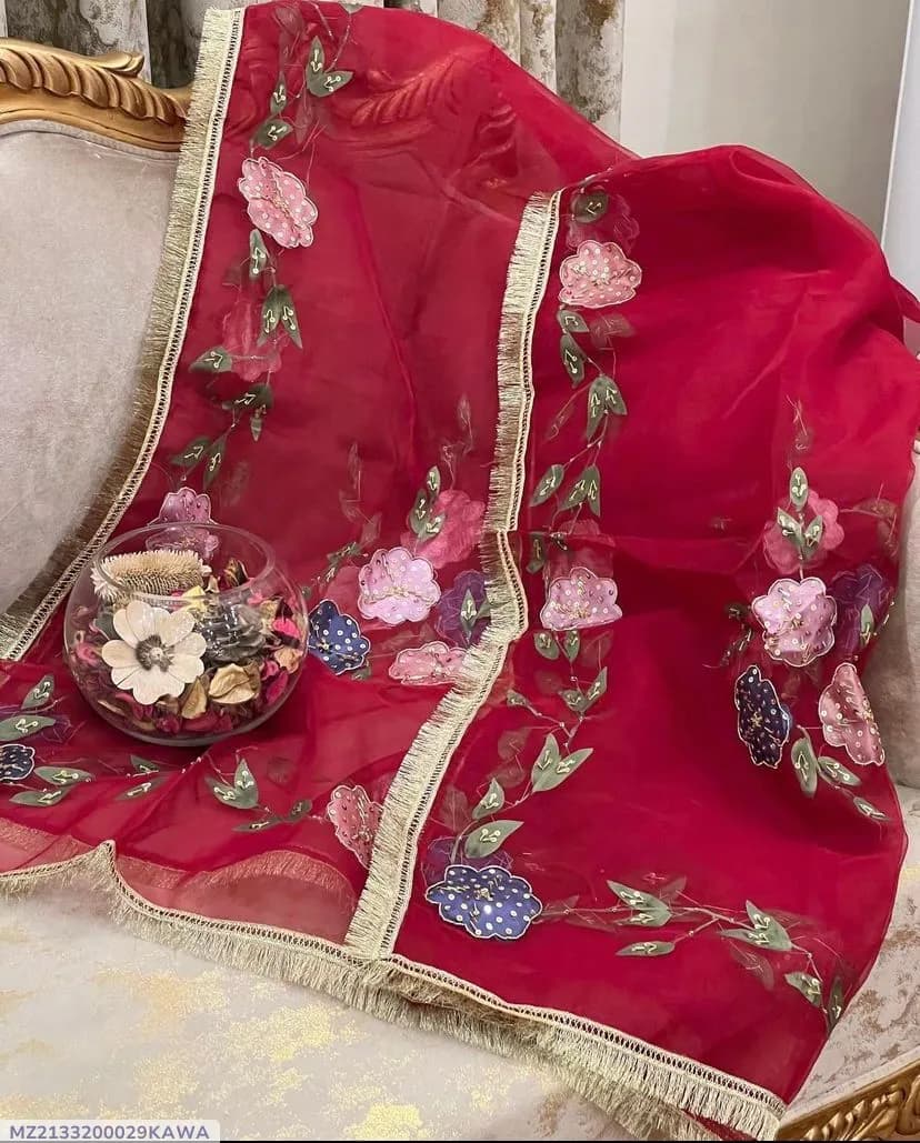 Elegant Red Organza Dupatta with Hand Embroidery & Beaded Detailing - 1 Pc