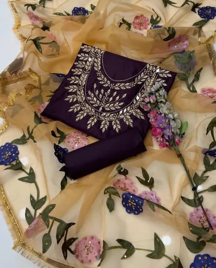 3 PC Embroidered Kattan Silk Dress With Beads & Organza Duppata