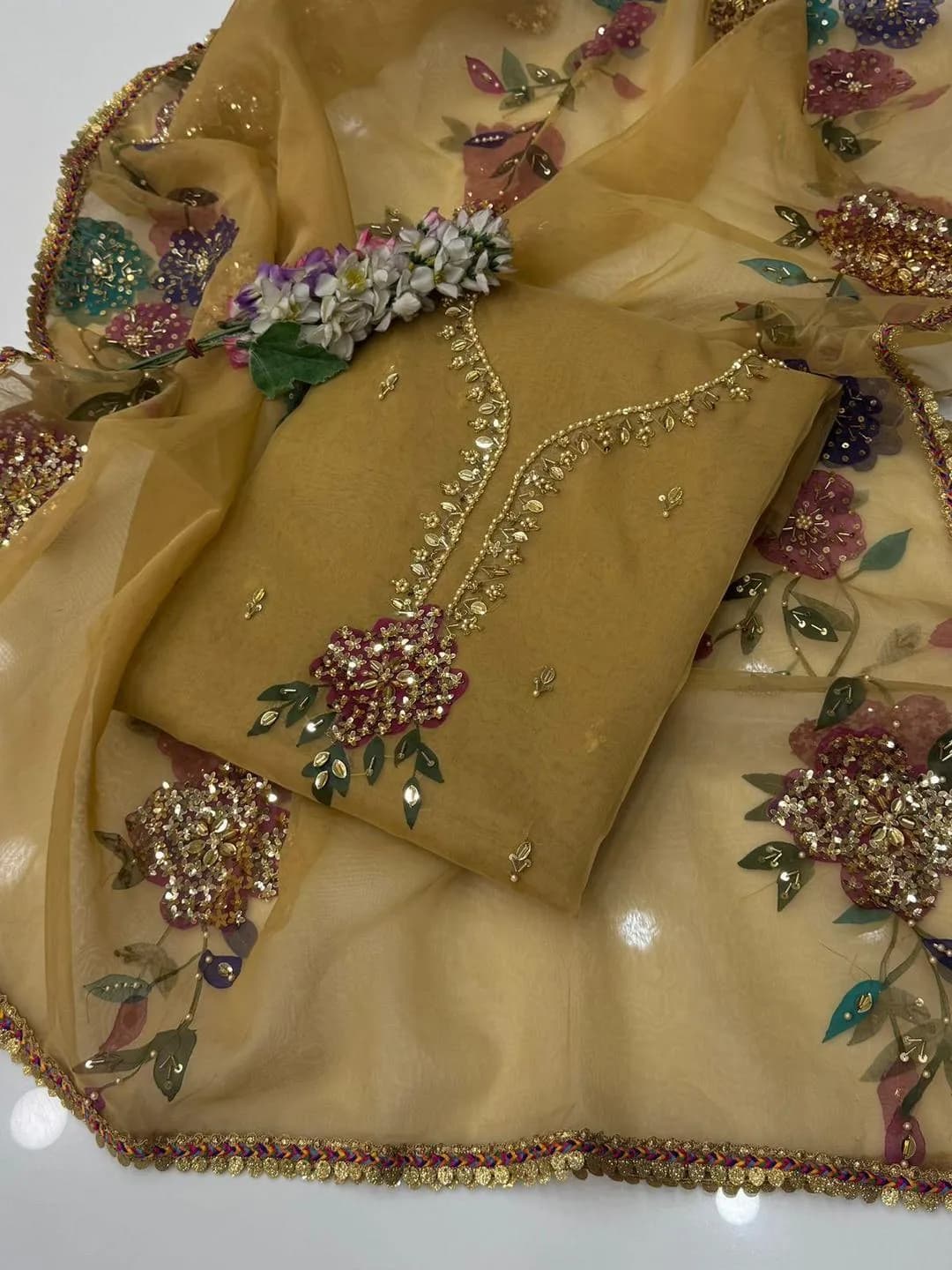 Golden Organza 3 Pcs Hand Work Es Suit Set