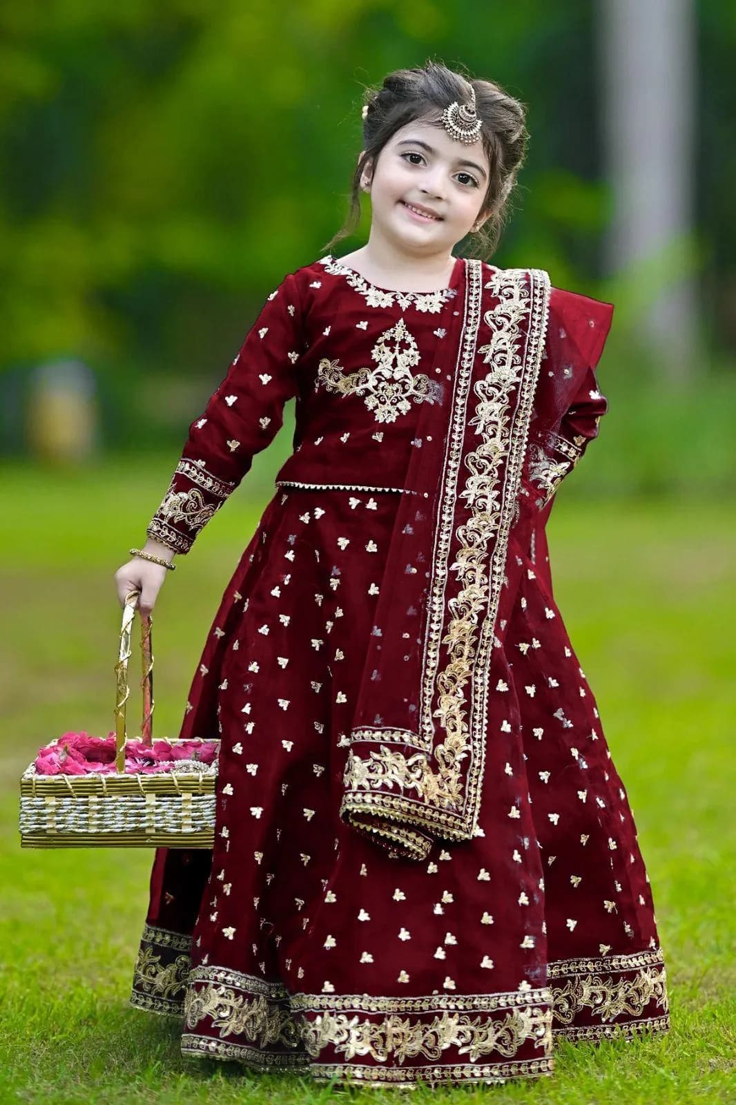 Kids Embroidered Maroon 3Pcs Set with Lace Dupatta