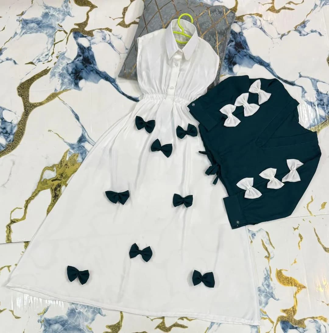 Kids Western Bow Top & Maxi Set Green White Georgette 2Pcs