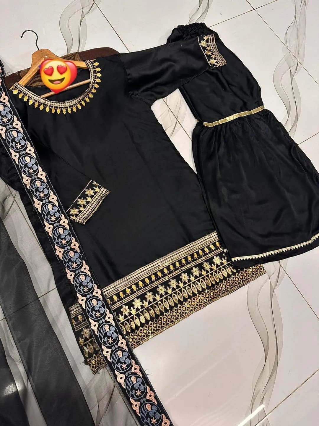 Black Shamoz Silk 3-Piece Wedding Eid Set with Laser Work Dupatta