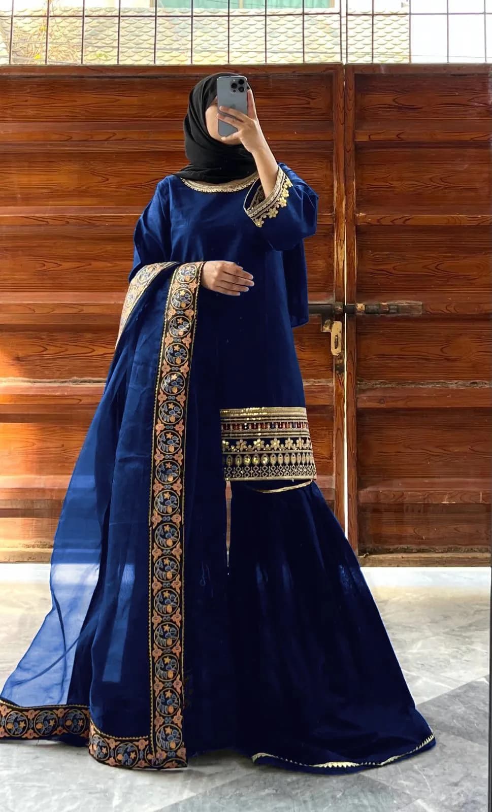 Royal Blue Shamoz Silk Wedding Gharara Set with Gold Embroidery