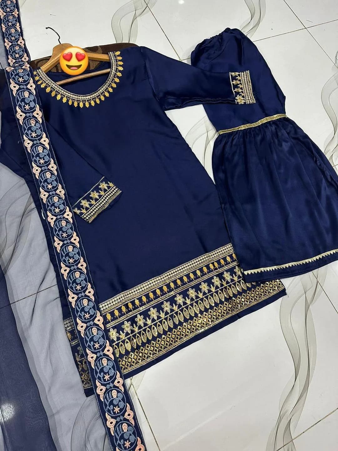 Royal Blue Shamoz Silk Wedding Gharara Set with Gold Embroidery
