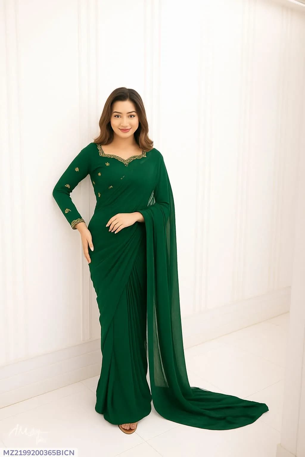 2 Pcs Women’s Chiffon Embroidered Stitched Saree