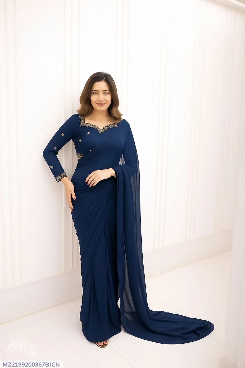 2 Pcs Women’s Chiffon Embroidered Stitched Saree