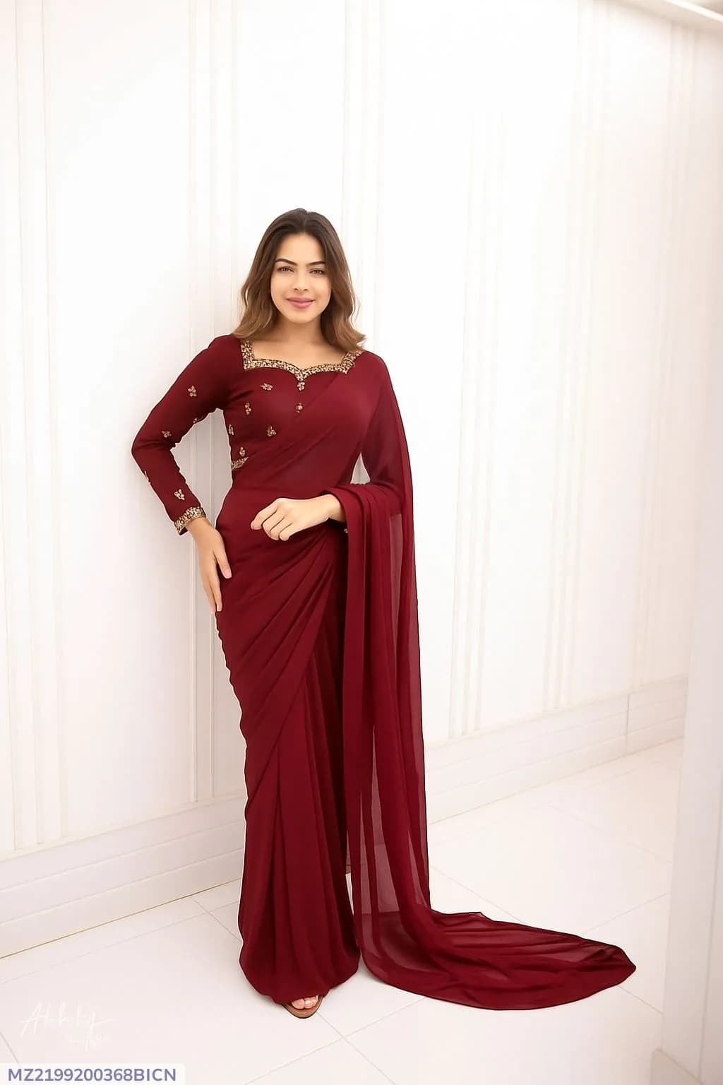 2 Pcs Women’s Chiffon Embroidered Stitched Saree