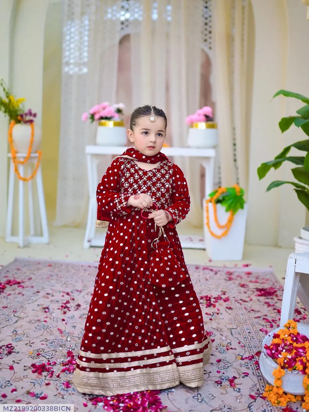 Kids Eid Maxi Dress Red 9MM Lace Work Chiffon Trouser 4Pcs
