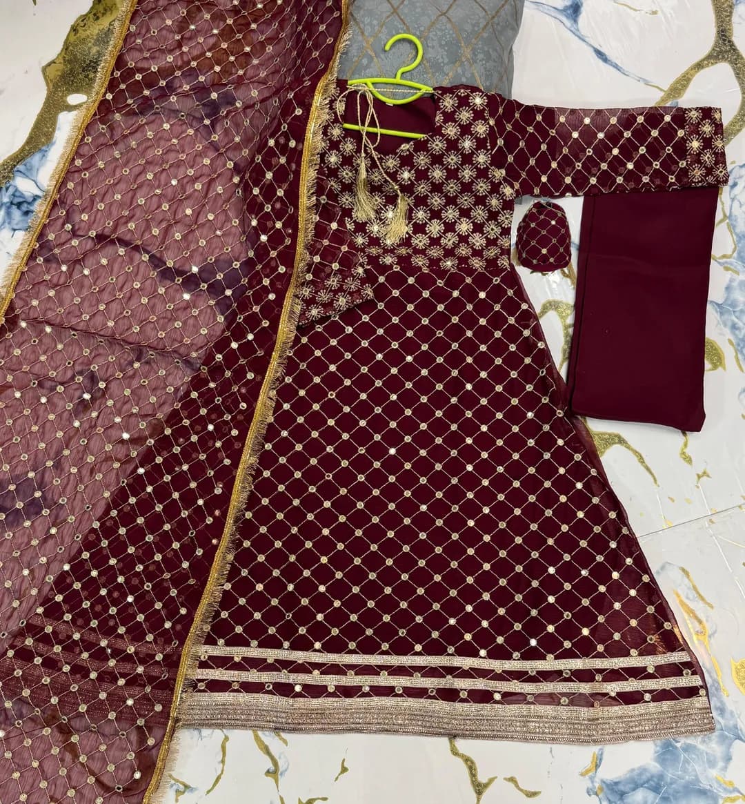 Kids Eid Maxi Dress Red 9MM Lace Work Chiffon Trouser 4Pcs
