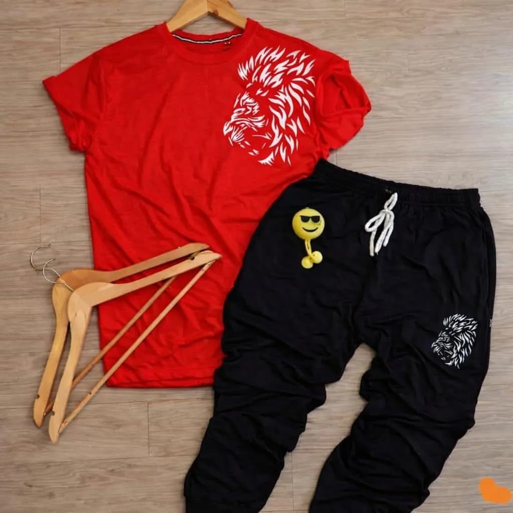 Men Red Lion Print Track Suit 2Pcs XL Polyester