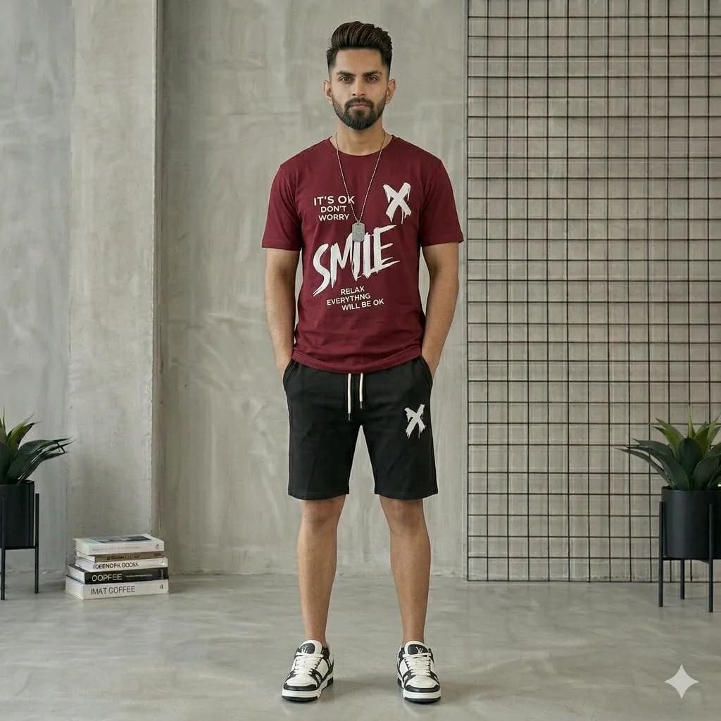 Men Maroon Printed Track Suit 2Pcs Polyester Summer