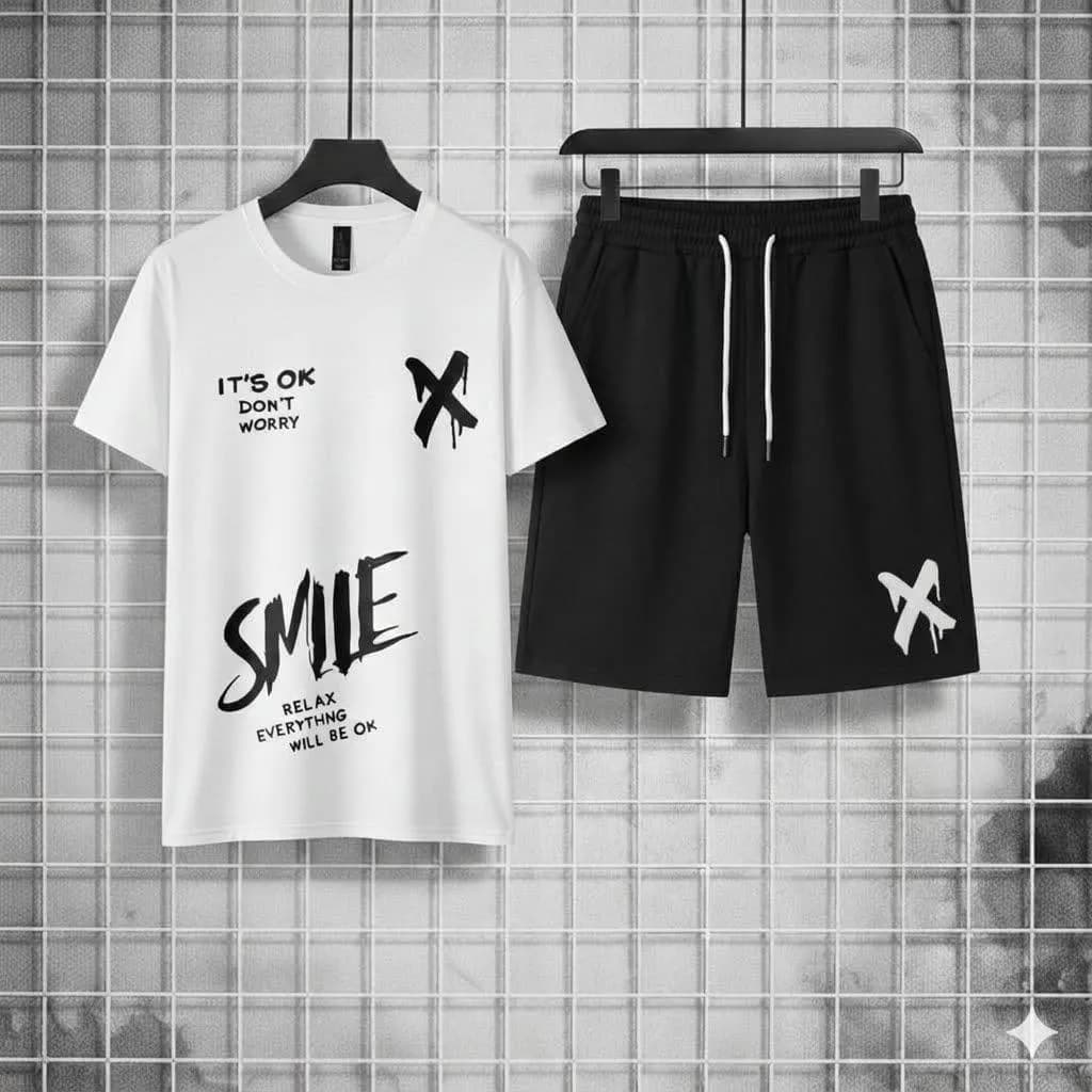 Men Graphic Cotton Shorts Set White Black XL