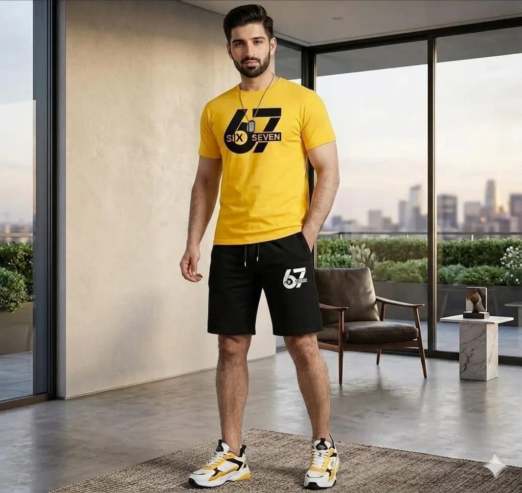 2 Pcs Men's Polyester Printed T-Shirt & Shorts Tracksuit