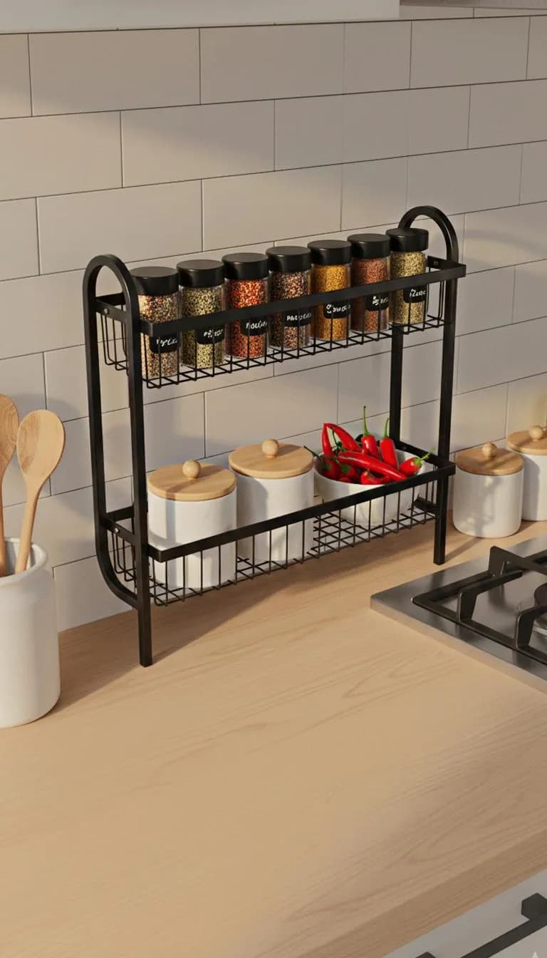 2-Tier Wall Mounted Spice Rack Stainless Steel Black