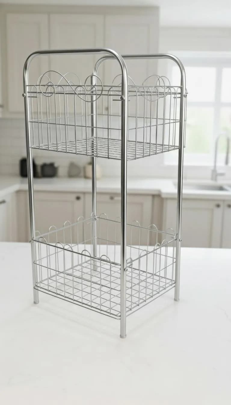 Two Tier Chrome Metal Fruit Basket 13x13x21" Silver