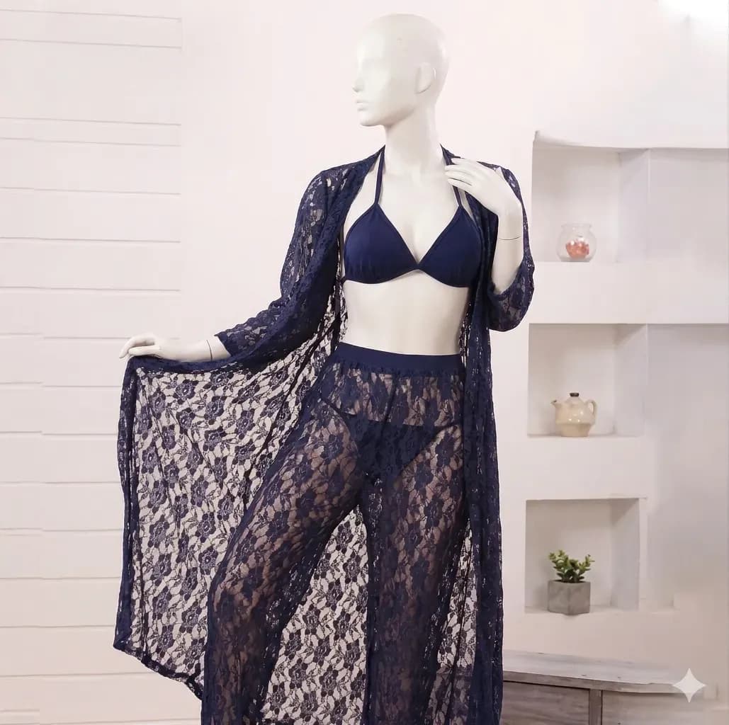 Lace Bralette Set Navy Blue Long Sleeve High Waist