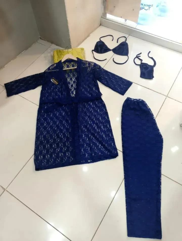Lace Bralette Set Navy Blue Long Sleeve High Waist