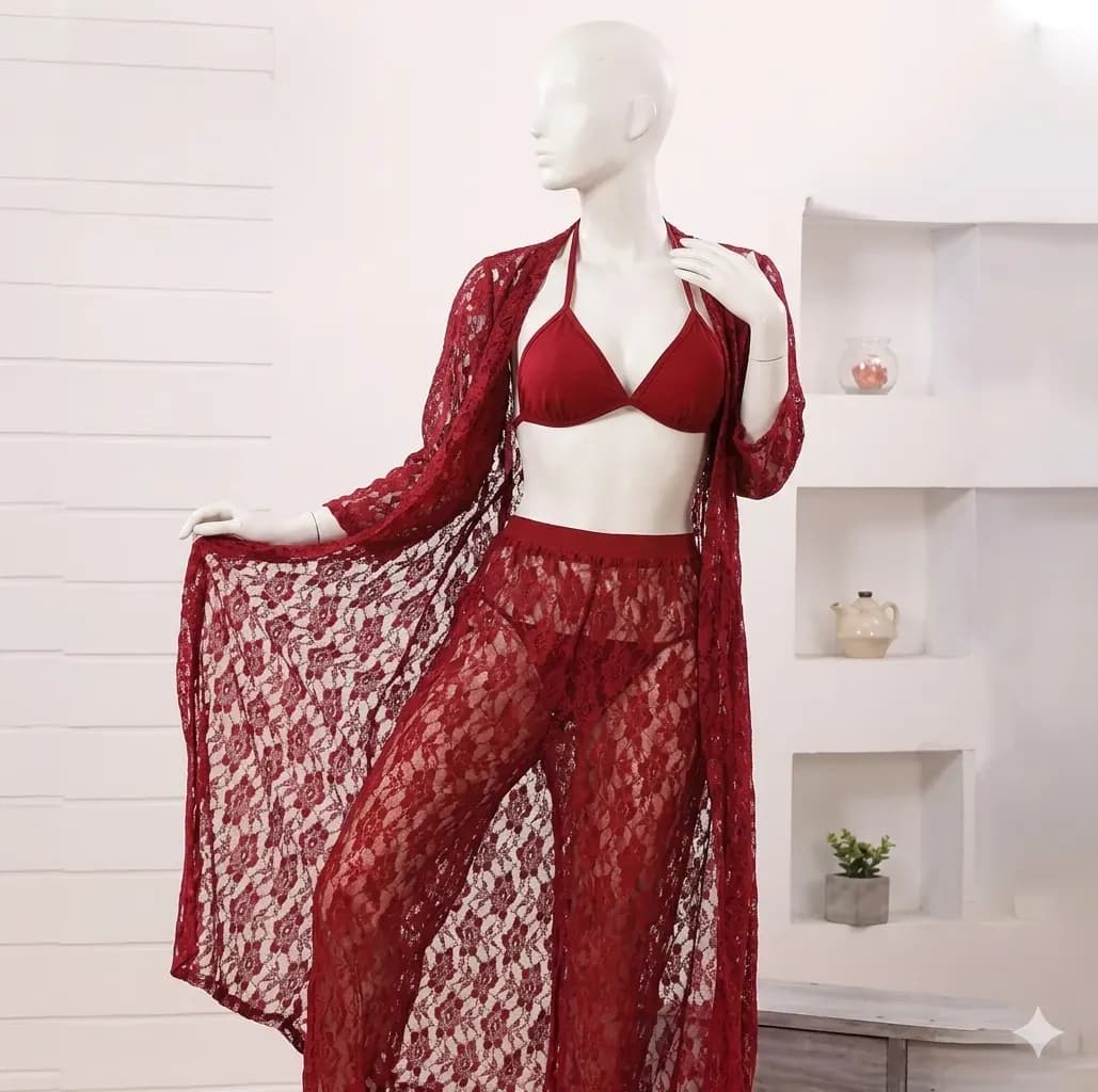 Maroon Lace Nightgown Set with Bra & Panties
