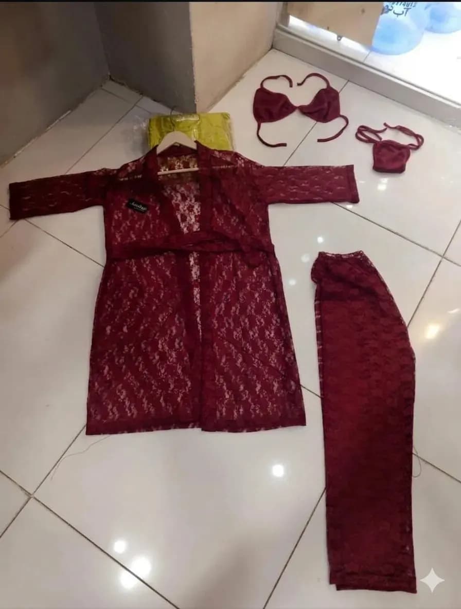 Maroon Lace Nightgown Set with Bra & Panties