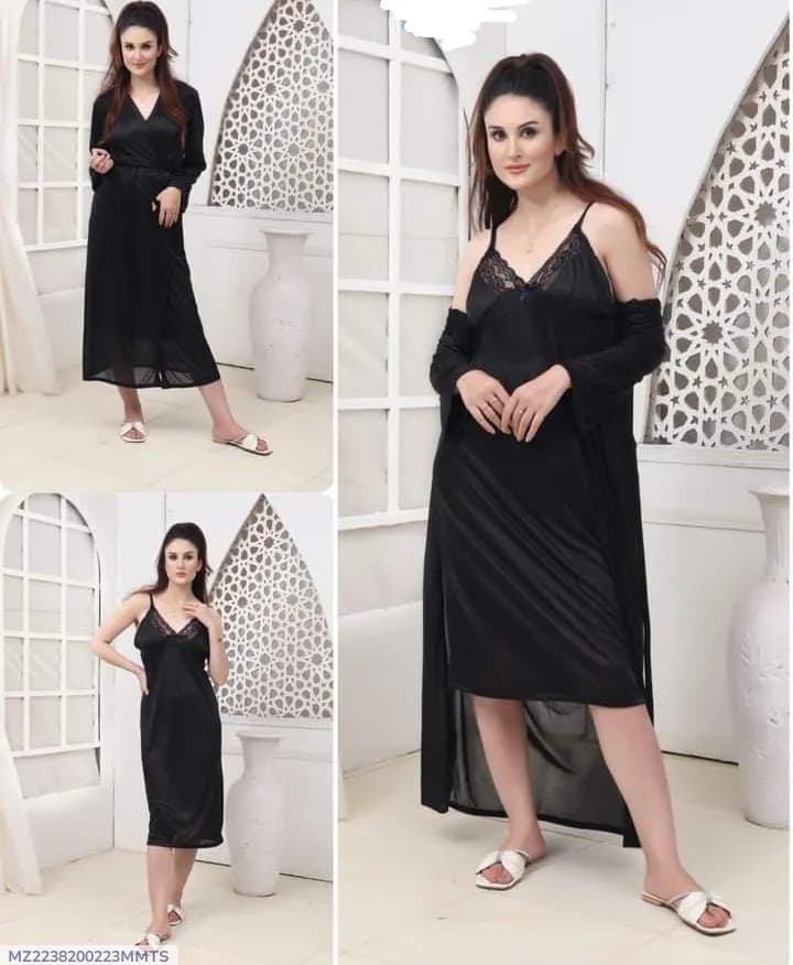 Black Silk Lace V-Neck Nightgown Set for Women