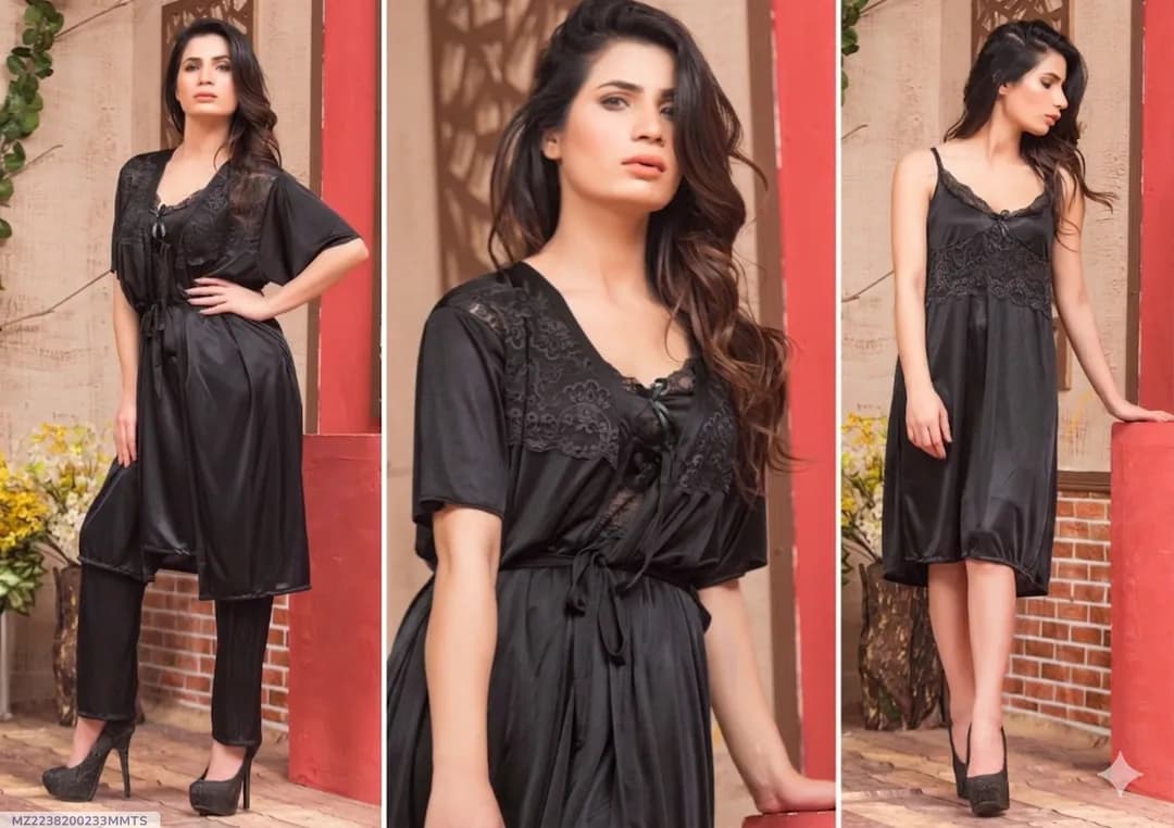 Black Silk Lace Nightgown Set with V-Neck