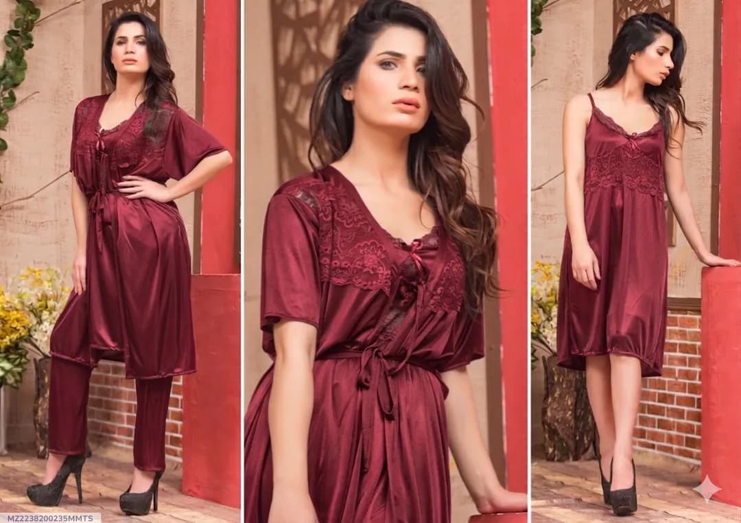 Maroon Silk Lace Nightgown Set 2 Pcs